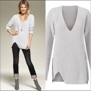 CAbi #3531 Deep V-Neck Sweater Gray Long Sleeve Side Zipper Accent